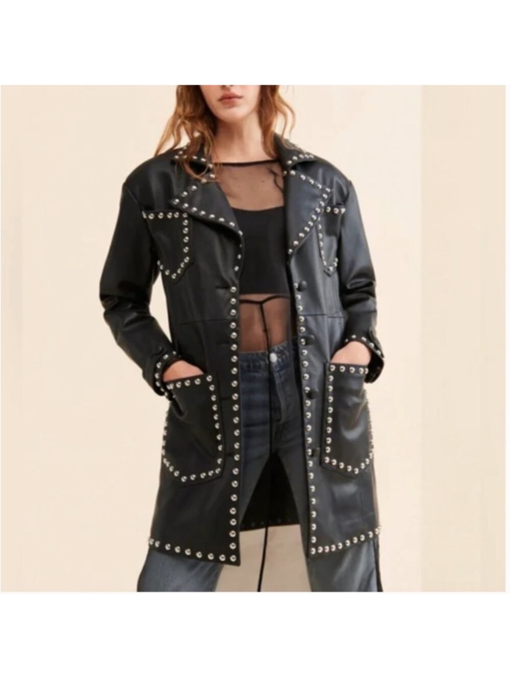 Colin LoCascio Anthropologie Studded Bernie Coat Vegan Leather Black